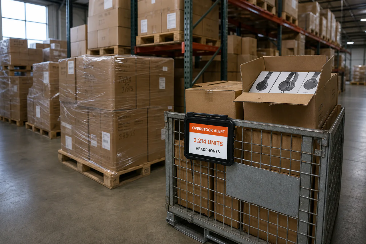 A real ecommerce warehouse with overstocked headphone cartons and an inventory terminal flagging 3,214 units